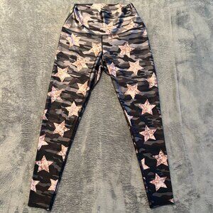 PixieLane Camo Rose Gold Star Leggings Womens L High Waisted Athletic Stretch